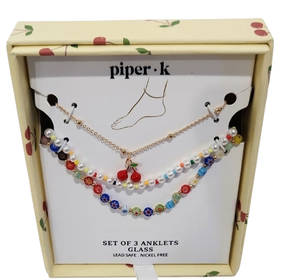 🍒 🔹️Piper k  🔹️Red Cherry  and Blue Beaded Set Of 3 Glass Anklets ✨️🍒 - Picture 1 of 4